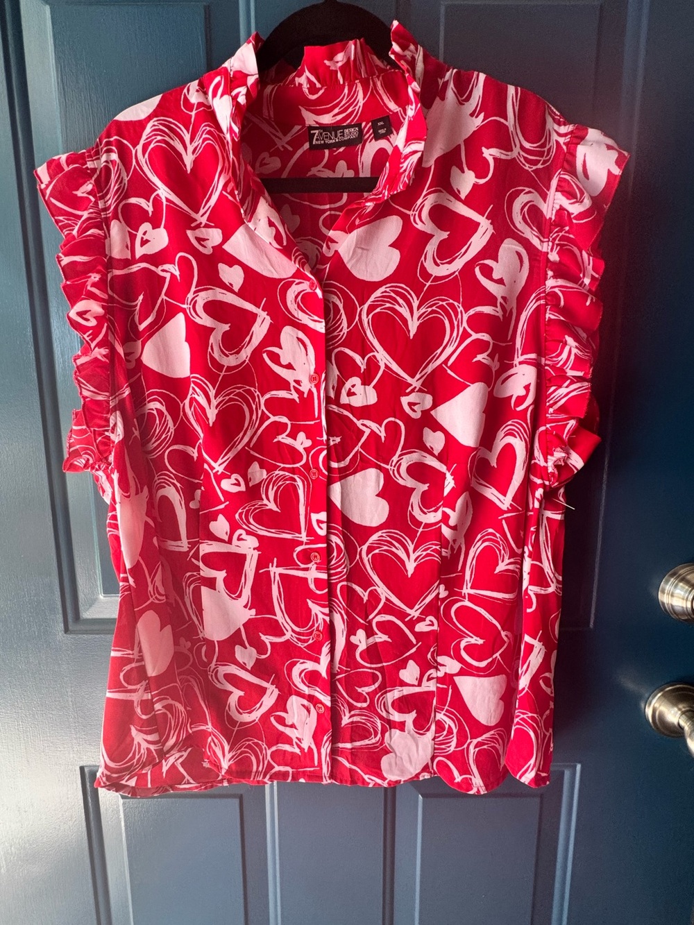 7th Avenue Design Studio XXL Red Heart Print Ruffle Sleeveless Blouse
